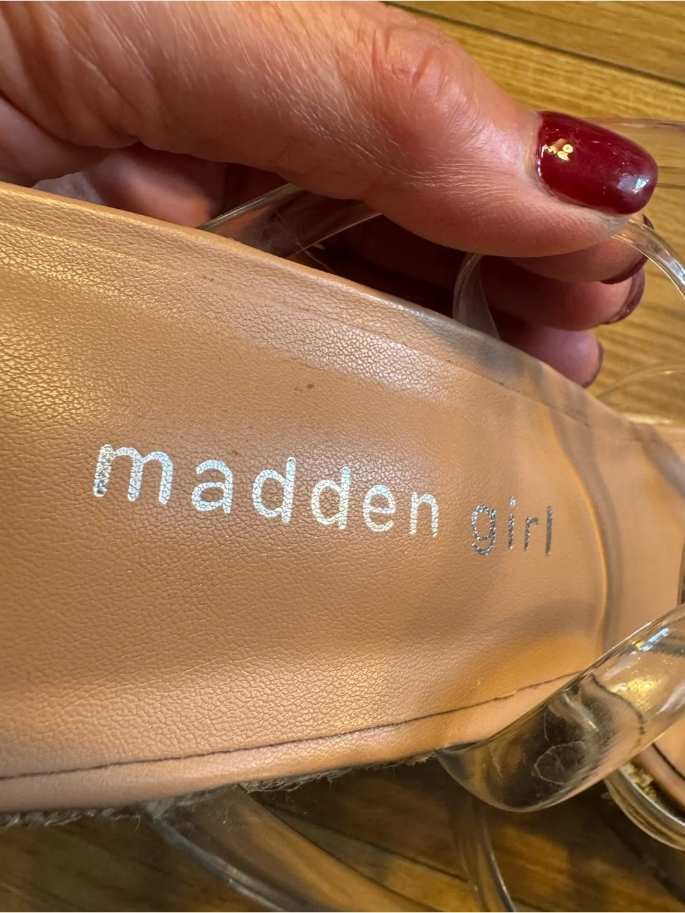 Madden Girl Clear-Strap Espadrille Wedges in Blush